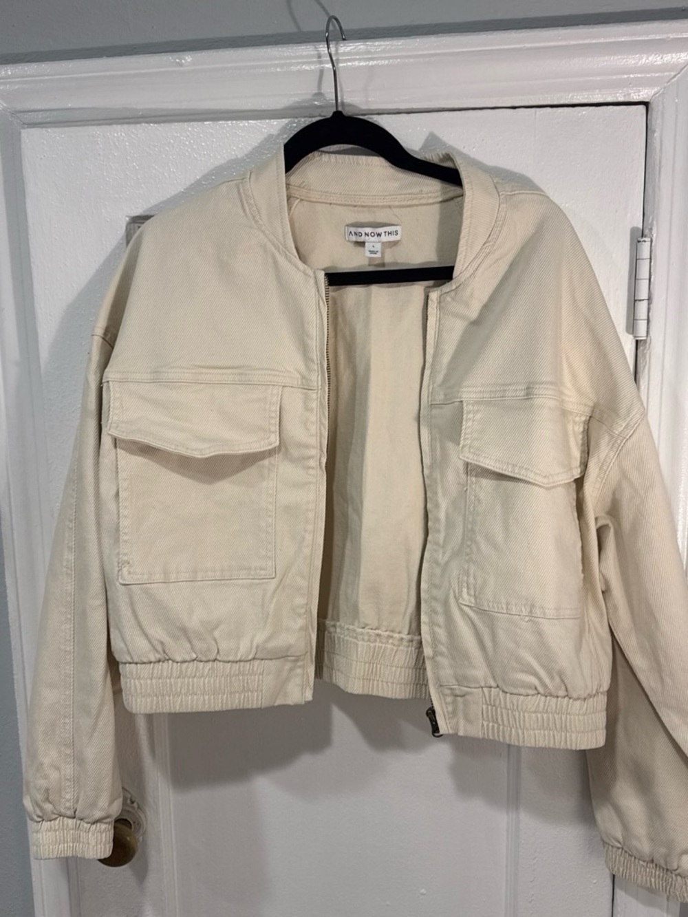 And Now This womens Cream Bomber Jacket with Utility Pockets